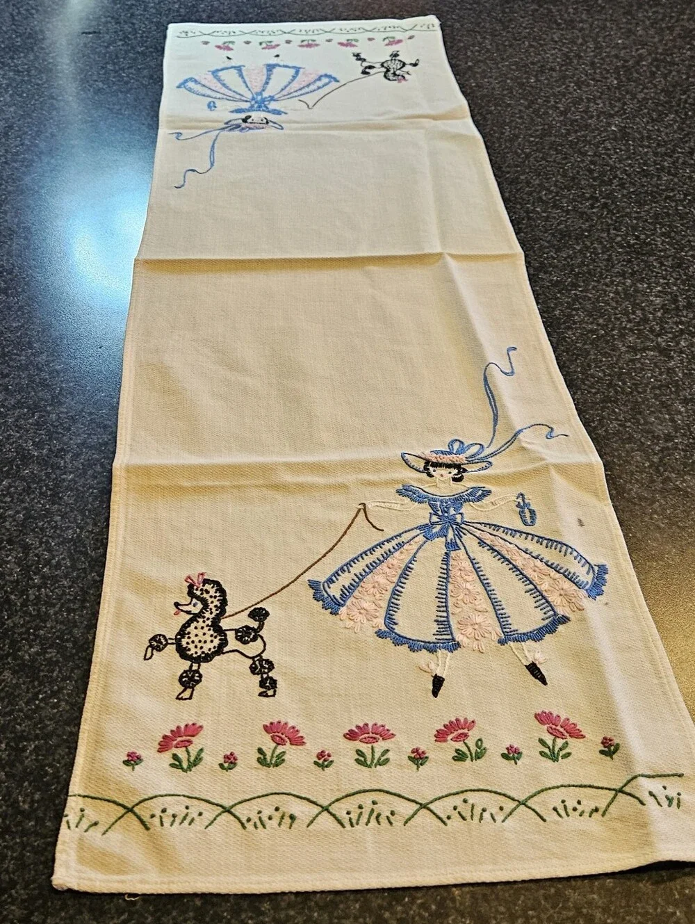 Vintage Embroidered Table Runner Poodle Lady Walk Dog MCM Mid Century